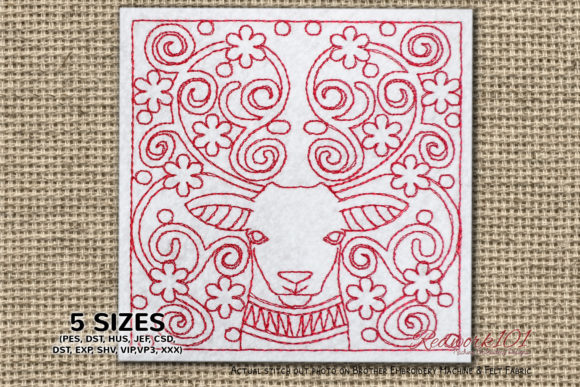 Stylish Deer Face with Abstract Design Redwork